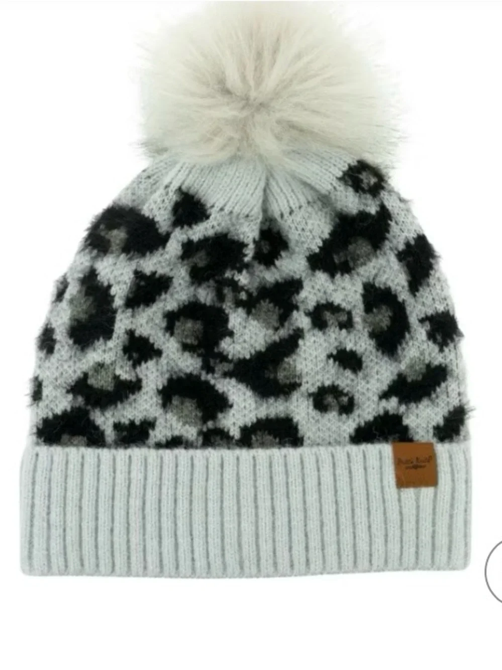 Britt’s & Knots Faux Fur Pom Leopard Knit Beanie - Light Gray NWT
